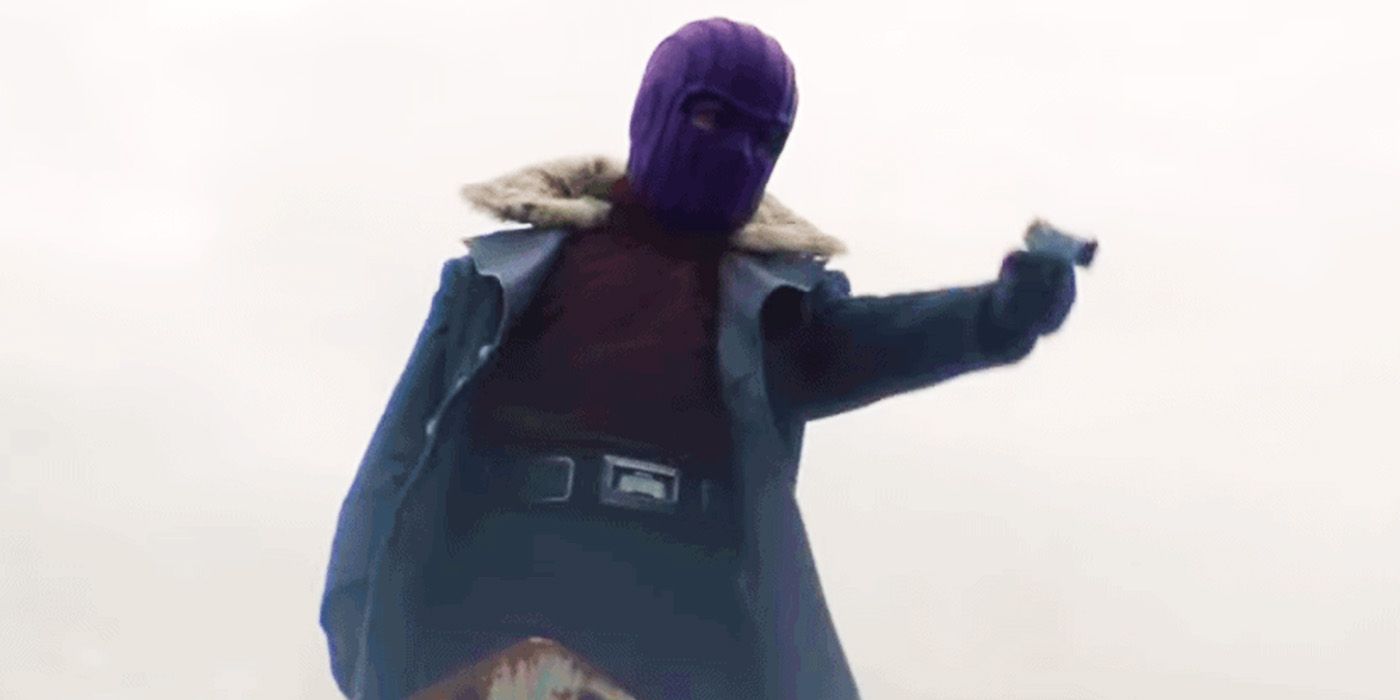 Barão Zemo em sua máscara cômica em O Falcão e o Soldado Invernal