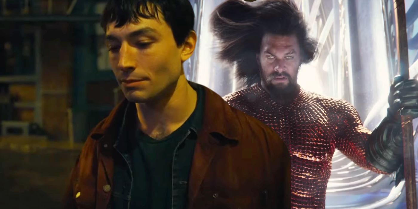 split image of Barry Allen (Ezra Miller) looking down while Arthur Curry (Jason Momoa) stands at his throne