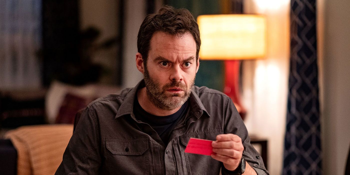Barry (Bill Hader) looking worried after reading a card in Barry season 4, episode 5, Tricky Legacies.