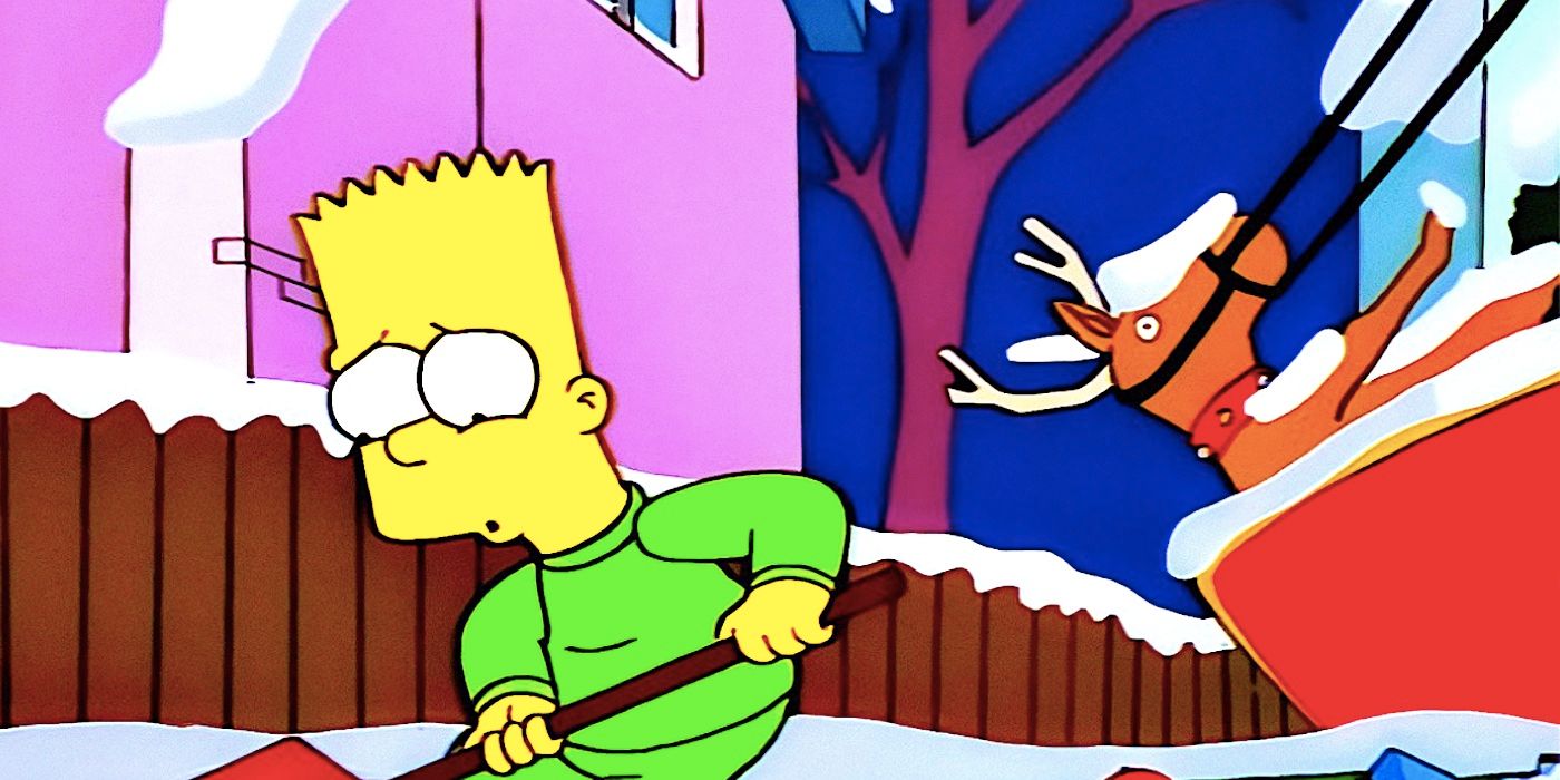 Bart Simpson cavando desesperadamente em um quintal nevado à noite ao lado das decorações de Natal na 9ª temporada dos Simpsons