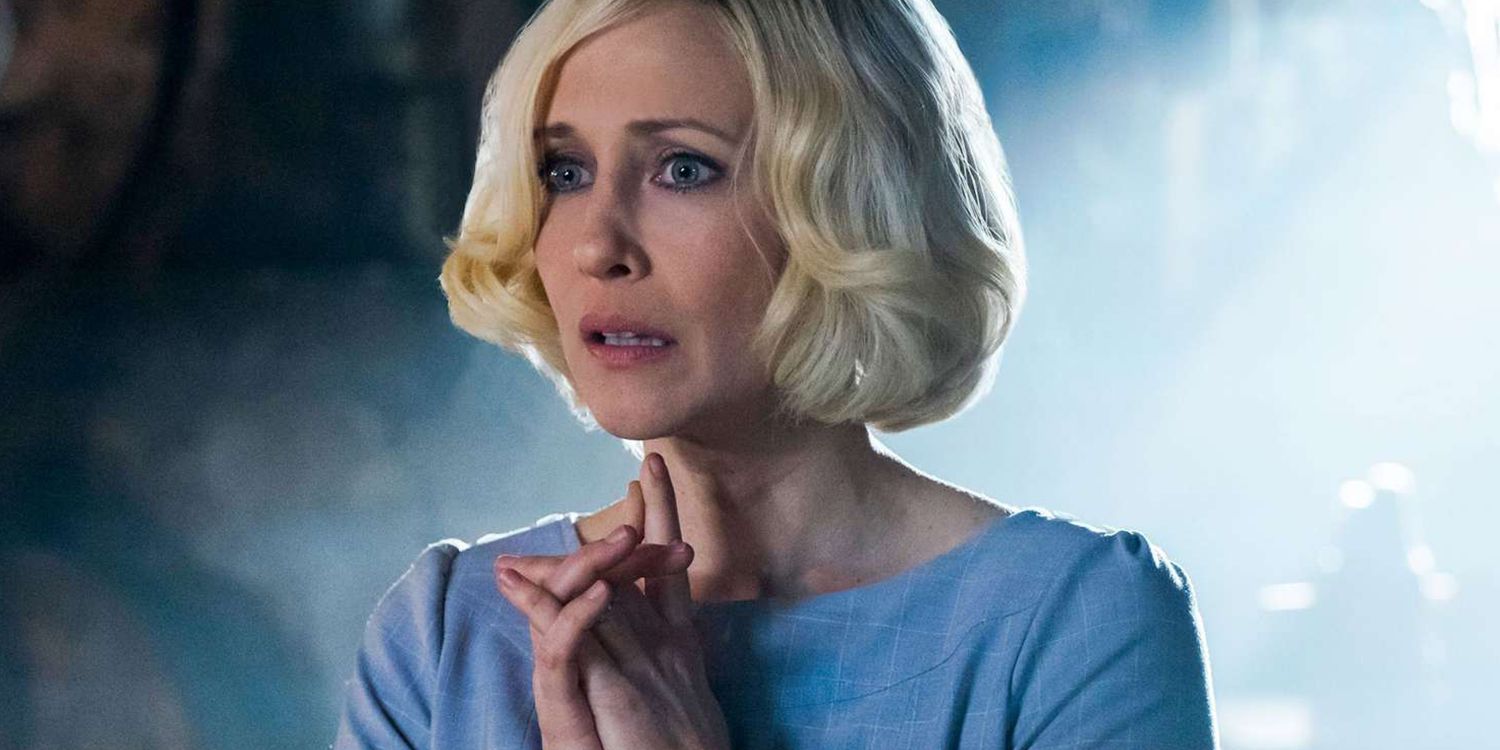 Vera Farmiga as Norma Louise Bates clasping her hands together worried in Bates Motel