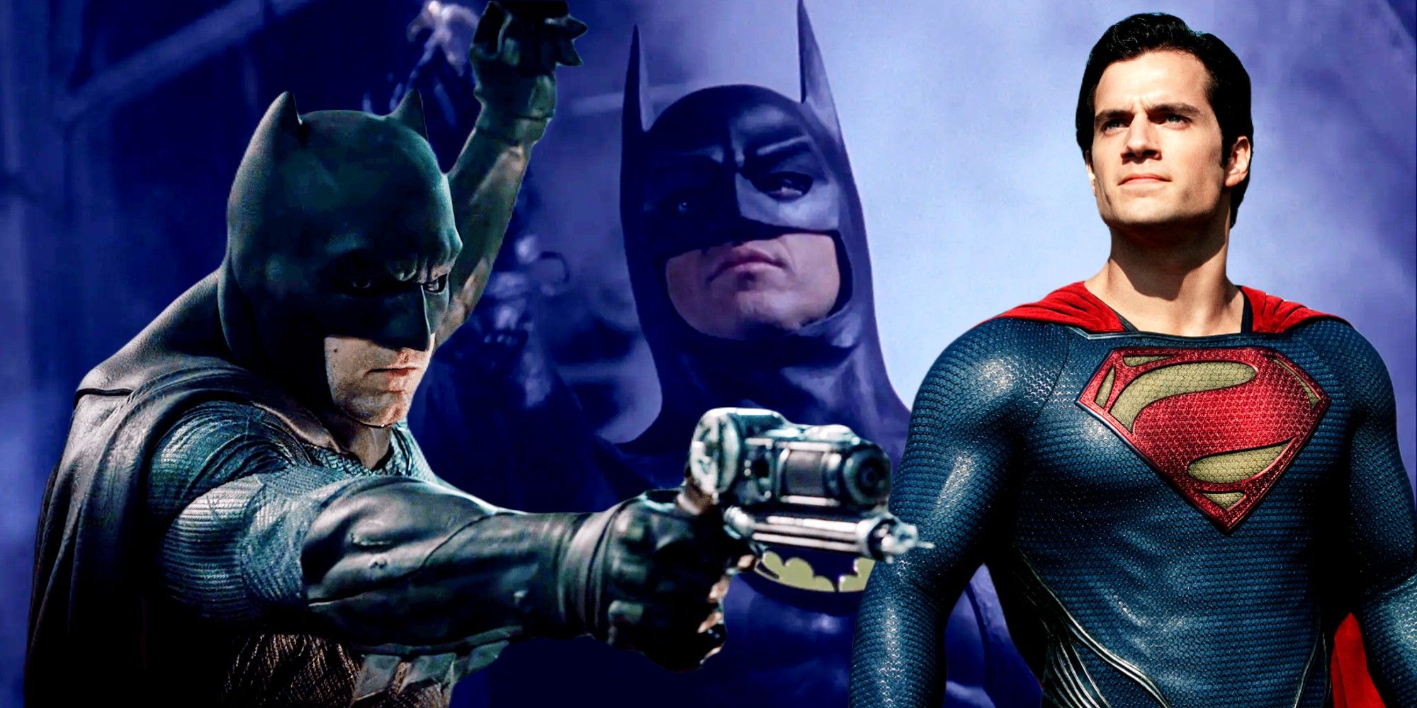 Michael Keaton's Batman in a blended image with Ben Affleck's Batman and Henry Cavill's Superman