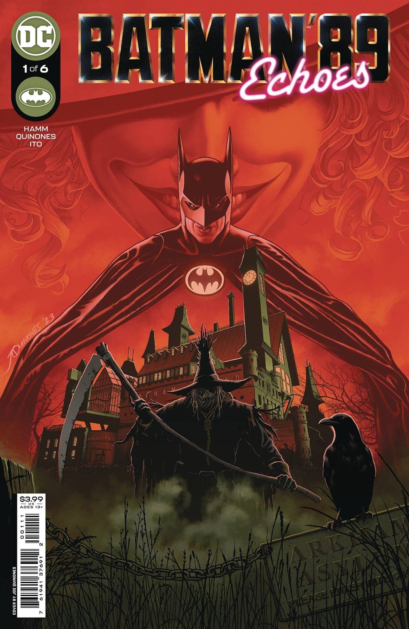 Batman 89 Echoes 1 Capa principal: Batman e Espantalho com fundo vermelho.