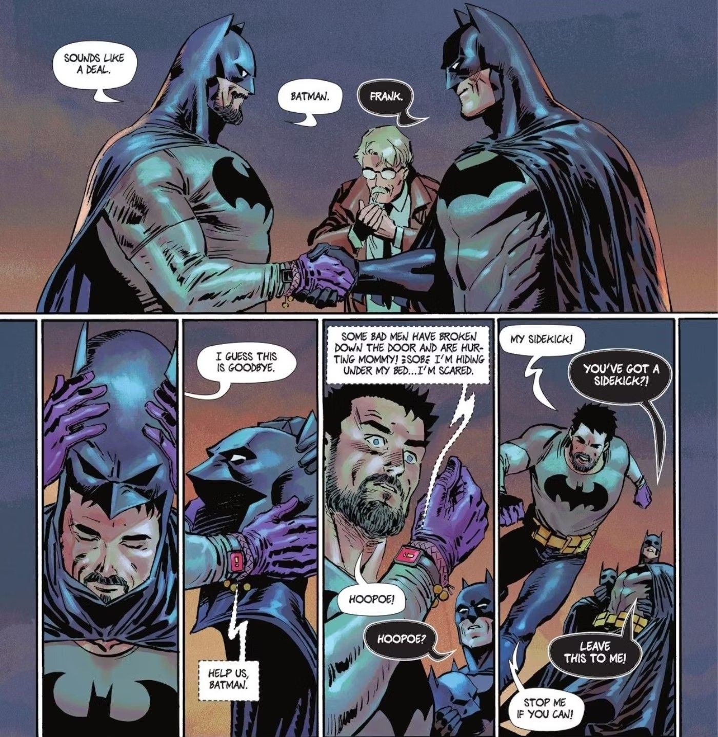 Comic book panels: Two versions of Batman come to an understanding after shaking hands.