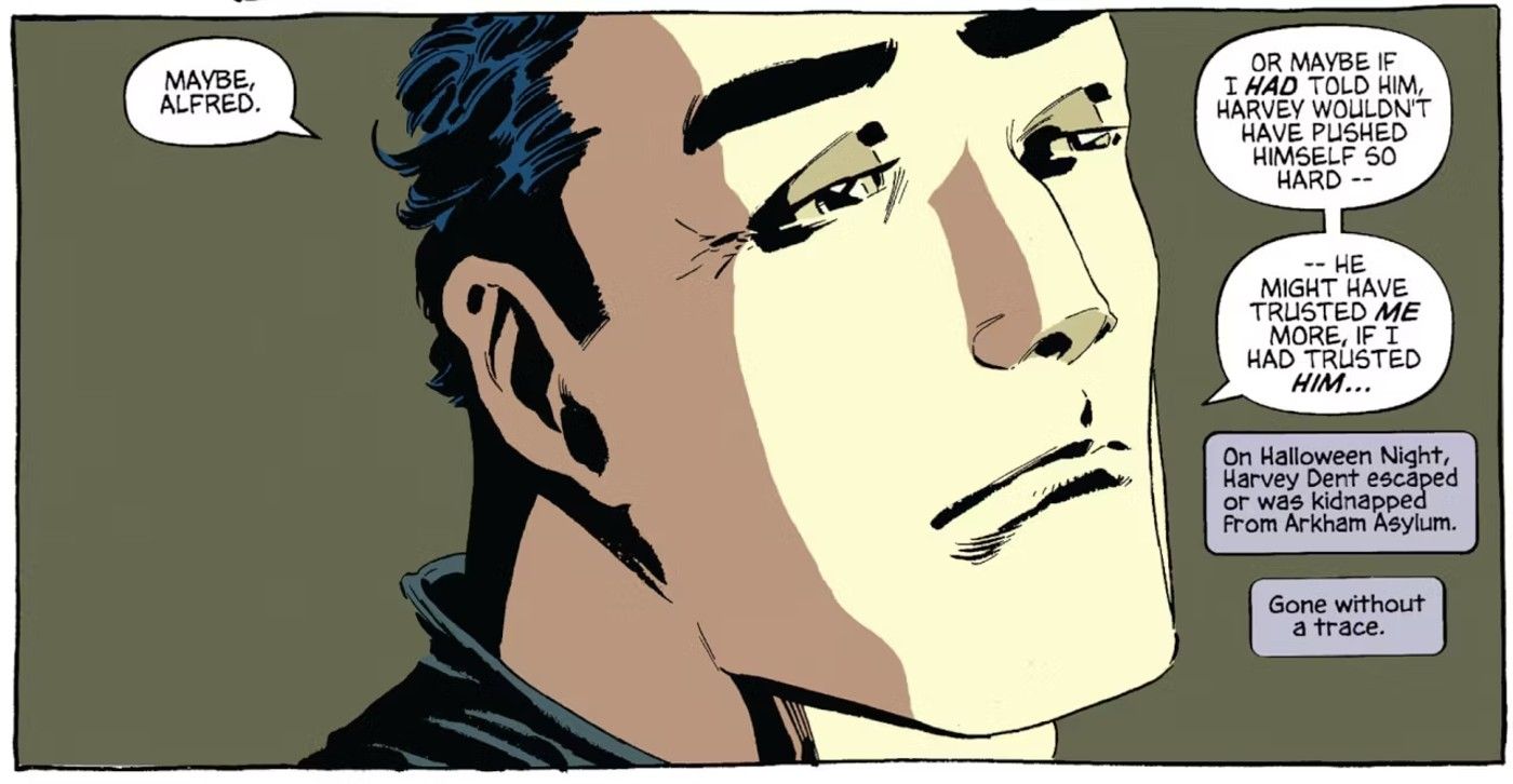 Comic book panel: Bruce Wayne looks sad while thinking about Harvey Dent.