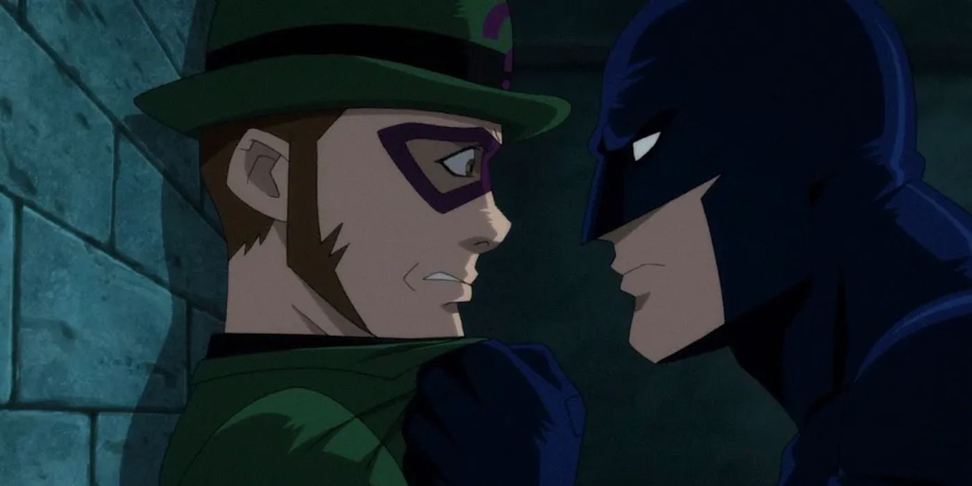 Batman holding Riddler up against a wall in the Batman Hush movie