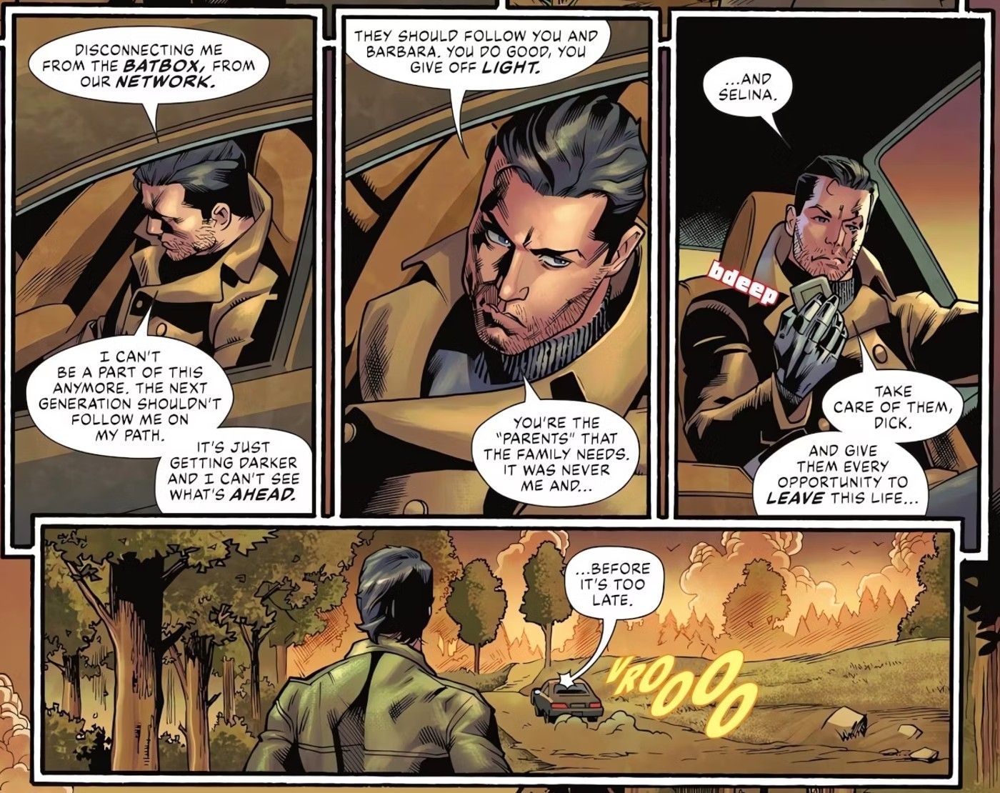 Comic book panels: Bruce Wayne talks to Dick Grayson from his car before driving away.