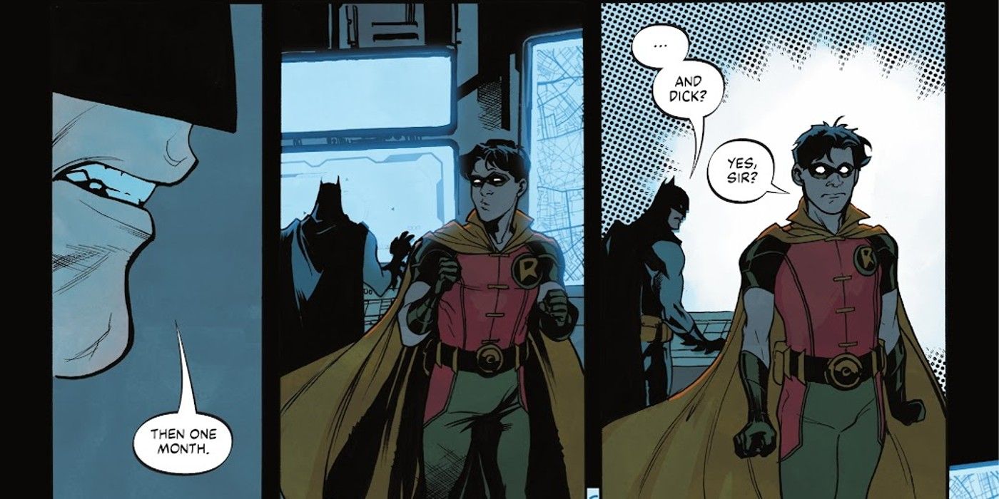 Comic book panels: Batman punishes Dick Grayson Robin.