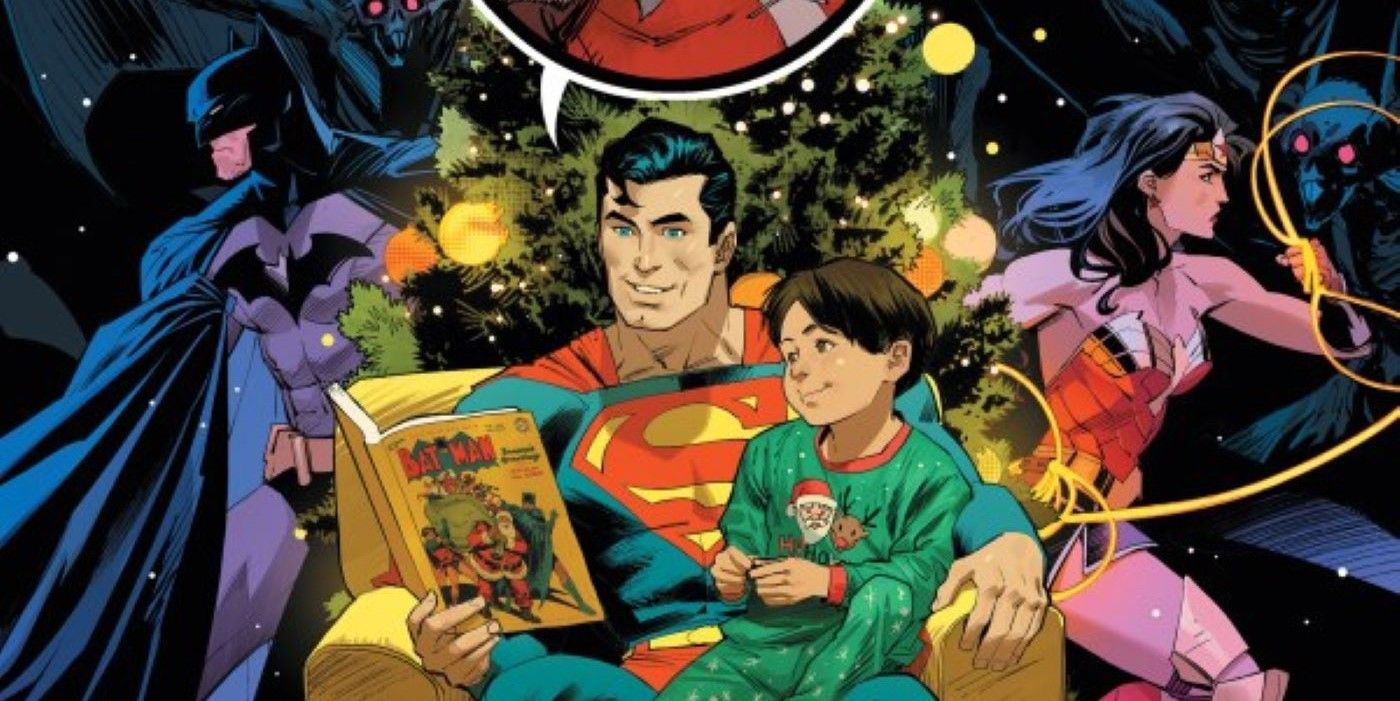 Batman Santa Claus Silent Knight #1 cover, featuring superman reading a child a bed time story about Santa