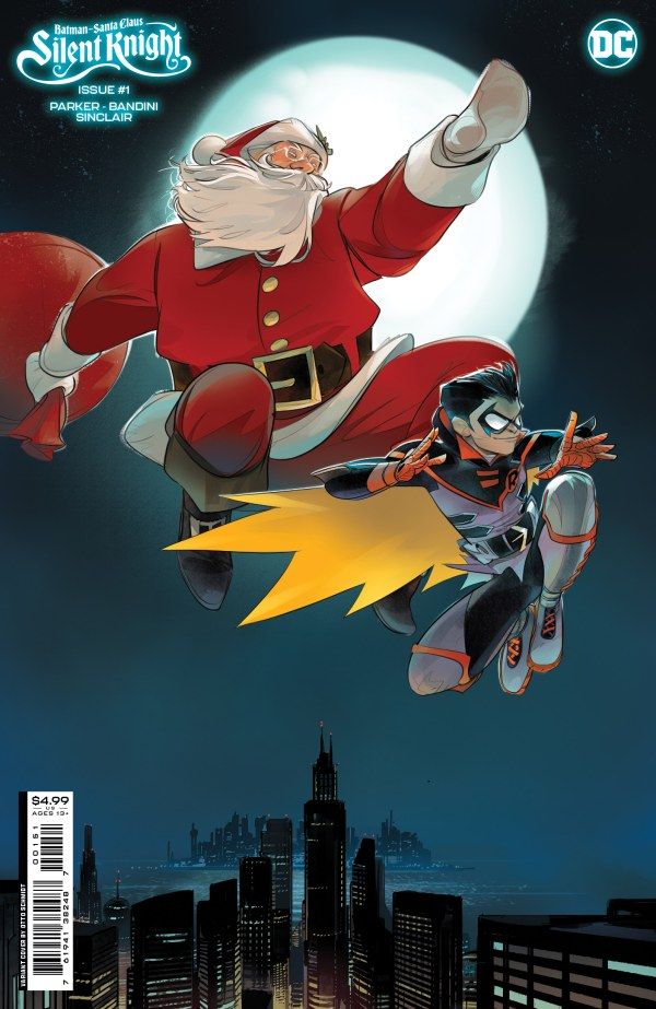 Robin and Santa fly through the night sky on cover for Batman Santa Claus Silent Knight #1