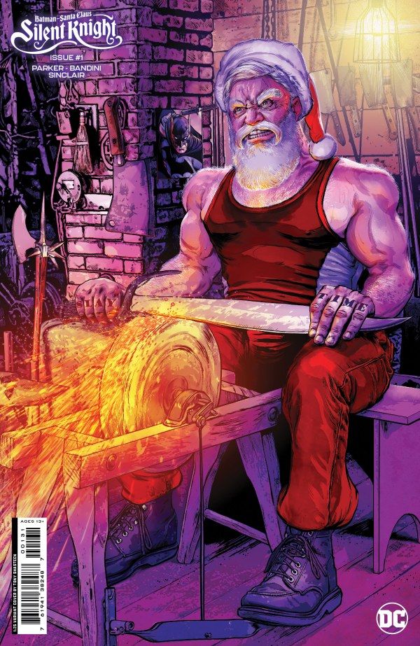 Tattooed Santa sharpening his vampire killing knife on Batman Santa Claus Silent Knight #1 variant cover