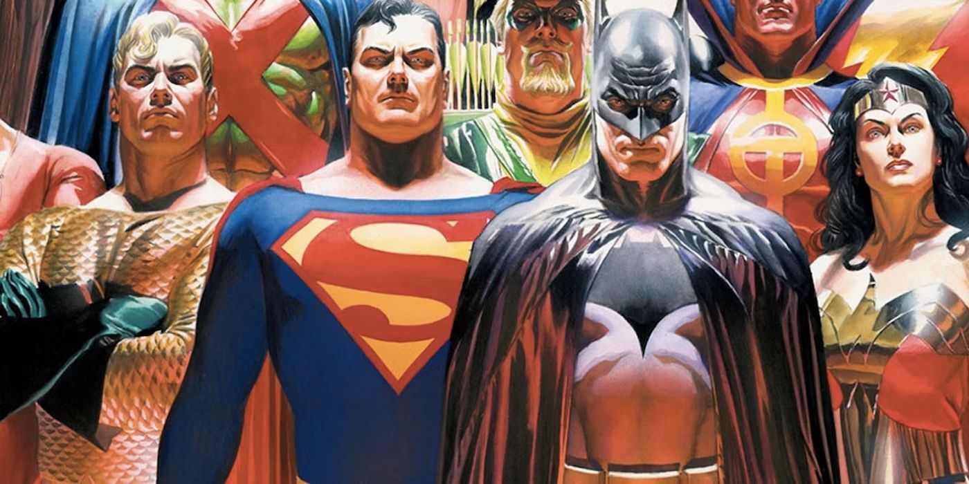 Comic book art: Costumed superheroes from the Justice League.