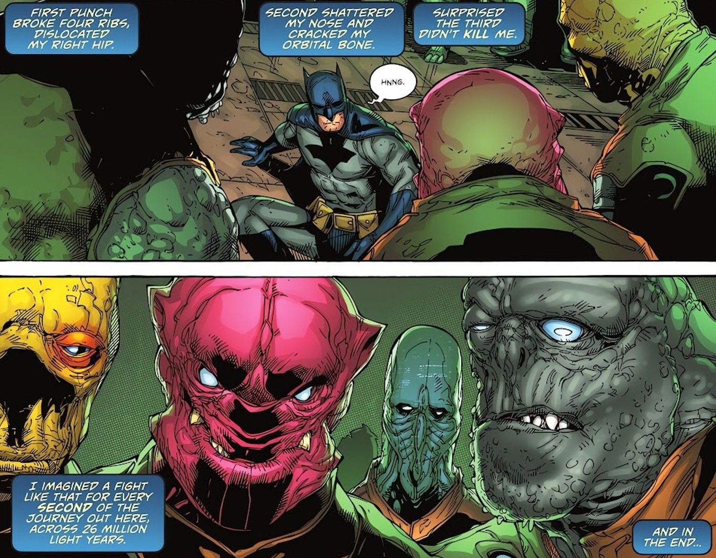 Comic book panels: Batman Surrounded by Aliens