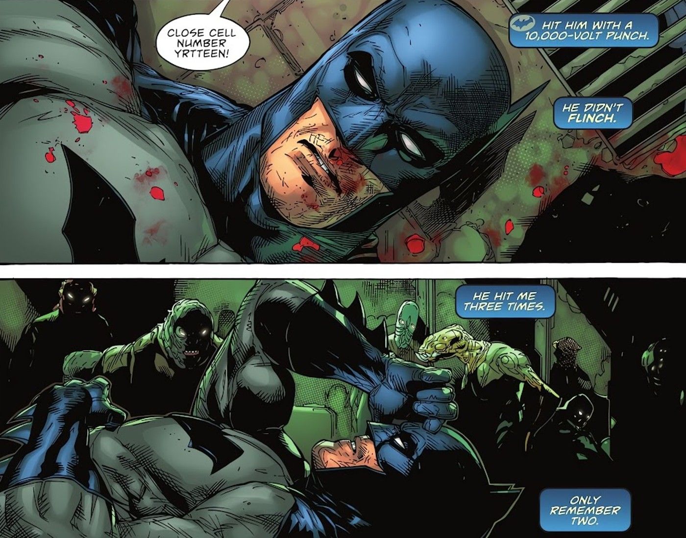 Comic book panels: Batman wakes up on a dirty floor surrounded by aliens. He&rsquo;s been taken out by three punches