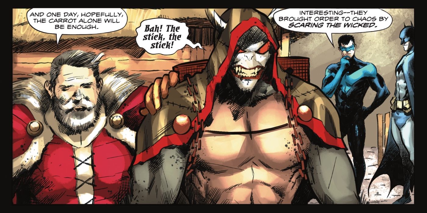 Nightwing observes Santa and Krampus having the same tactics as Batman