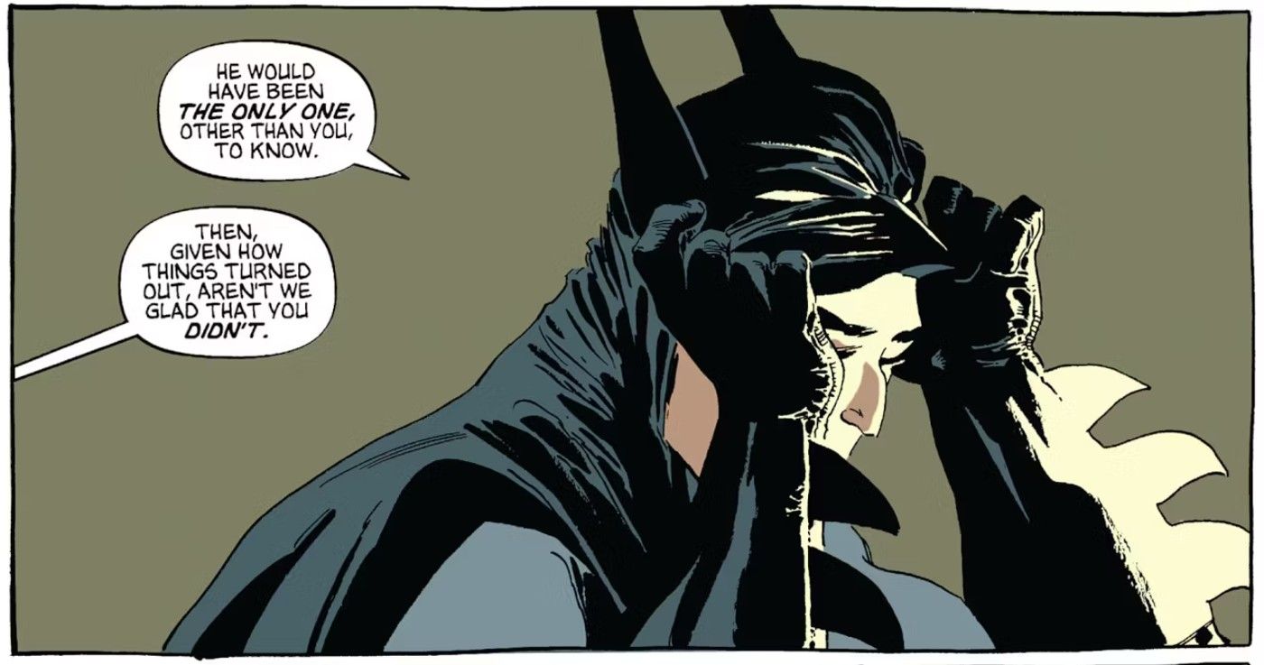 Comic book panel: Batman takes off his mask.