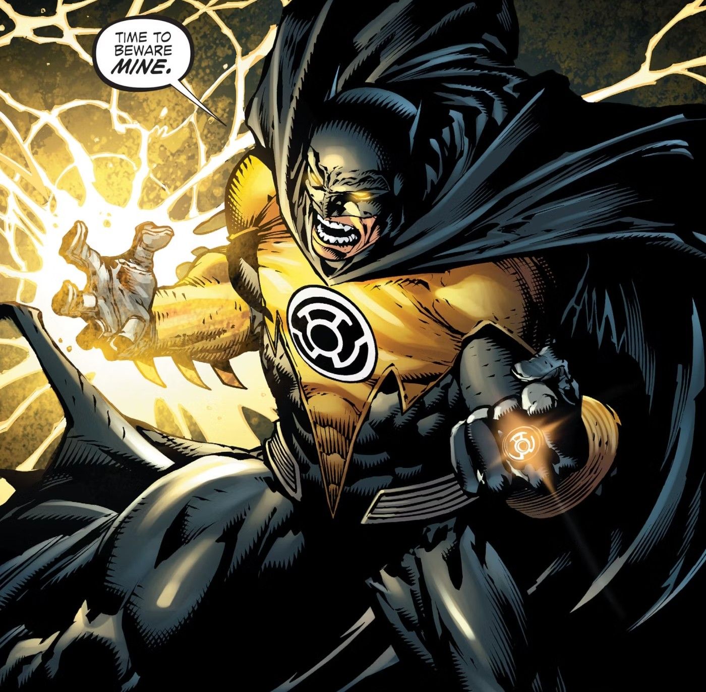 Comic book panel: Batman wearing a yellow lantern suit while a yellow ring glows.