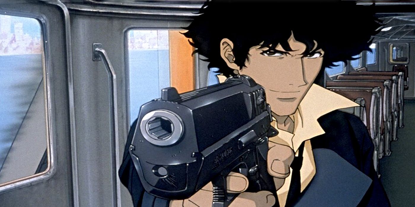 Spike Spiegel points a gun and makes a  smug looking expression while standing on a train from Cowboy Bebop.