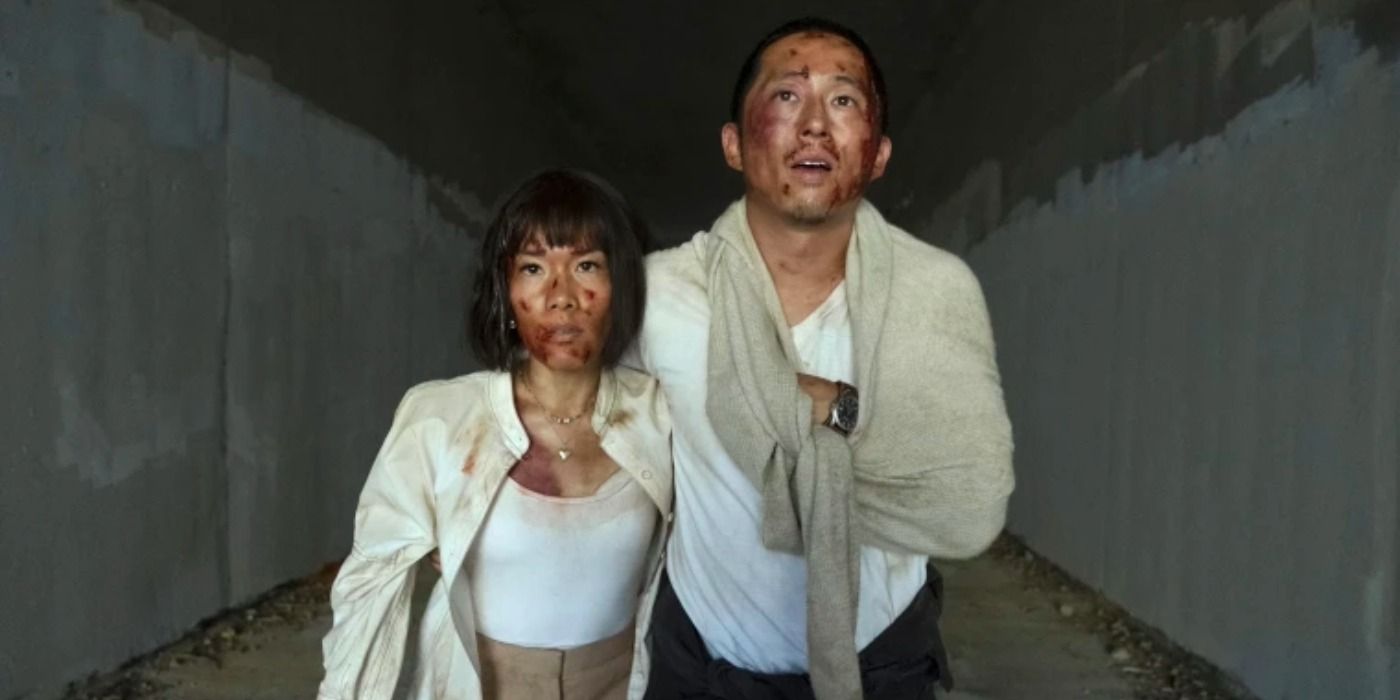Ali Wong as Amy Lau and Steven Yeun as Danny Cho after driving off a cliff in Beef