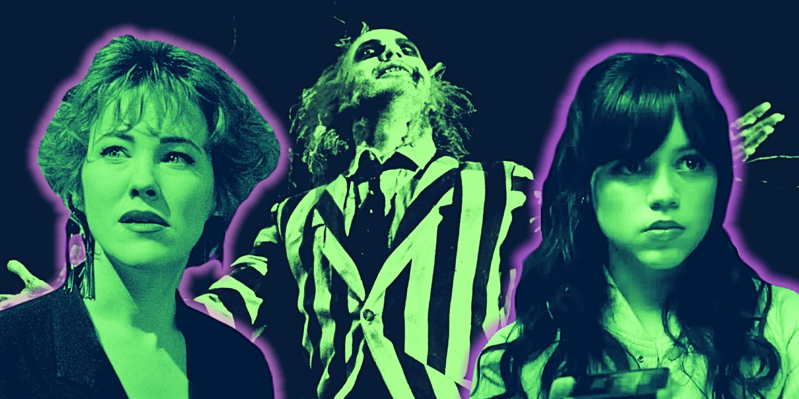 This collage shows Delia, Beetlejuice, and Jenna Ortega's unnamed character which all have a green overlay with a purple outline in Beetlejuice.