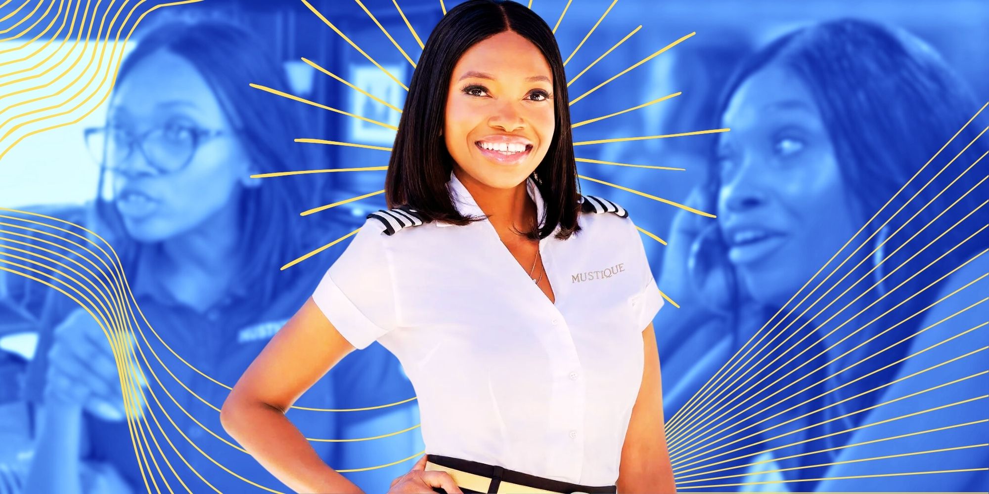 Below Deck Med's Tumi stands smiling in a white yachting shirt with a collage of her in the background filled in blue