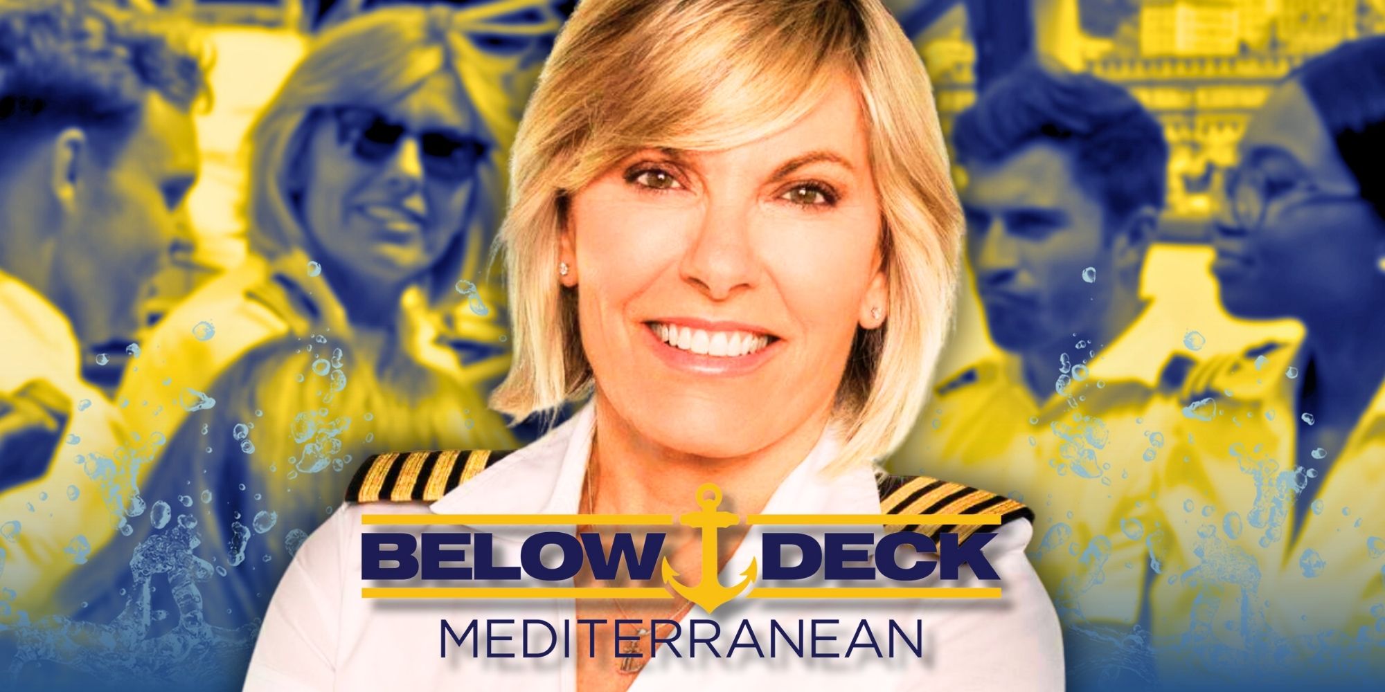 Below Deck Mediterranean Season 8 cast with Captain Sandy in the front and the logo, blue and yellow filtered background
