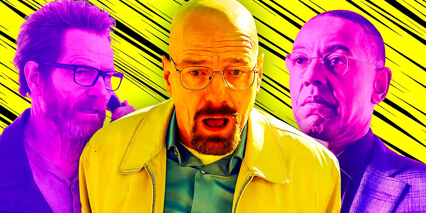 Walter White Played by Brian Cranston in Breaking Bad, early image, later image and picture of Giancarlo Esposito playing Gus Fring all as a collage in yellow and purple shades.