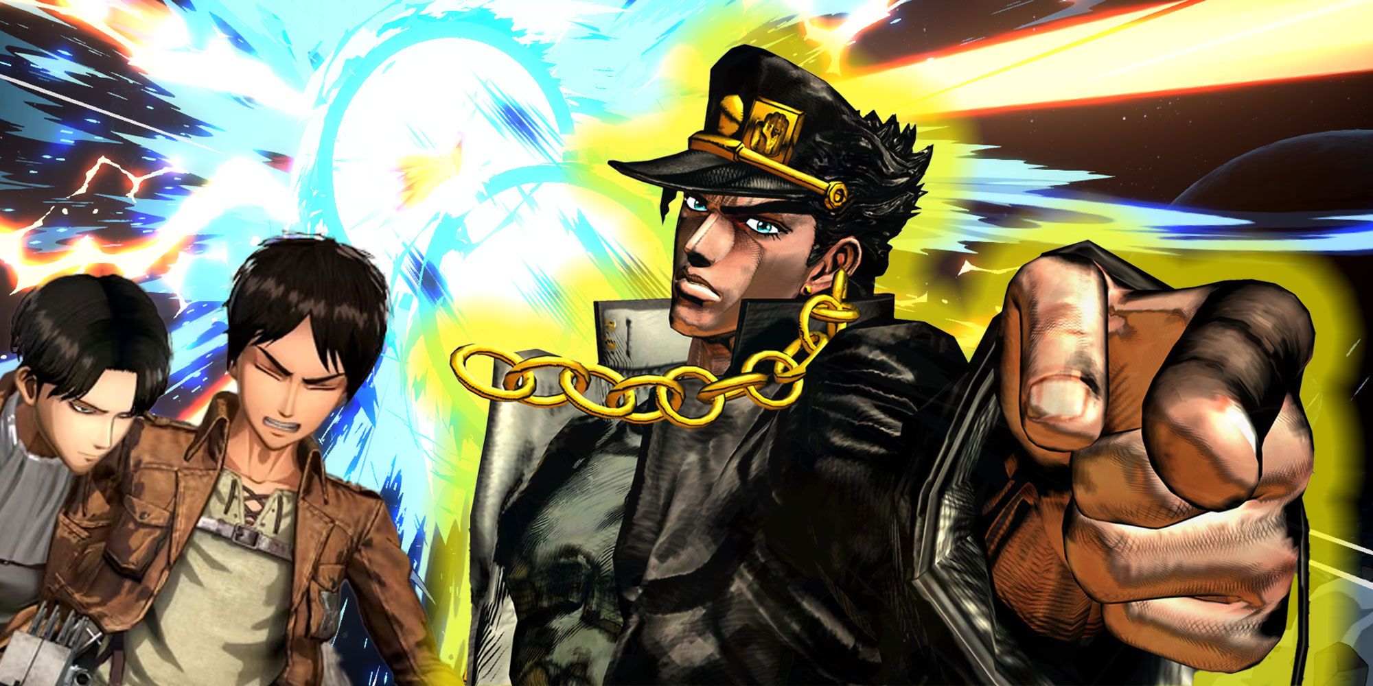 Jo Jo's Bizarre adventure image with stylized background of yellow and blue.