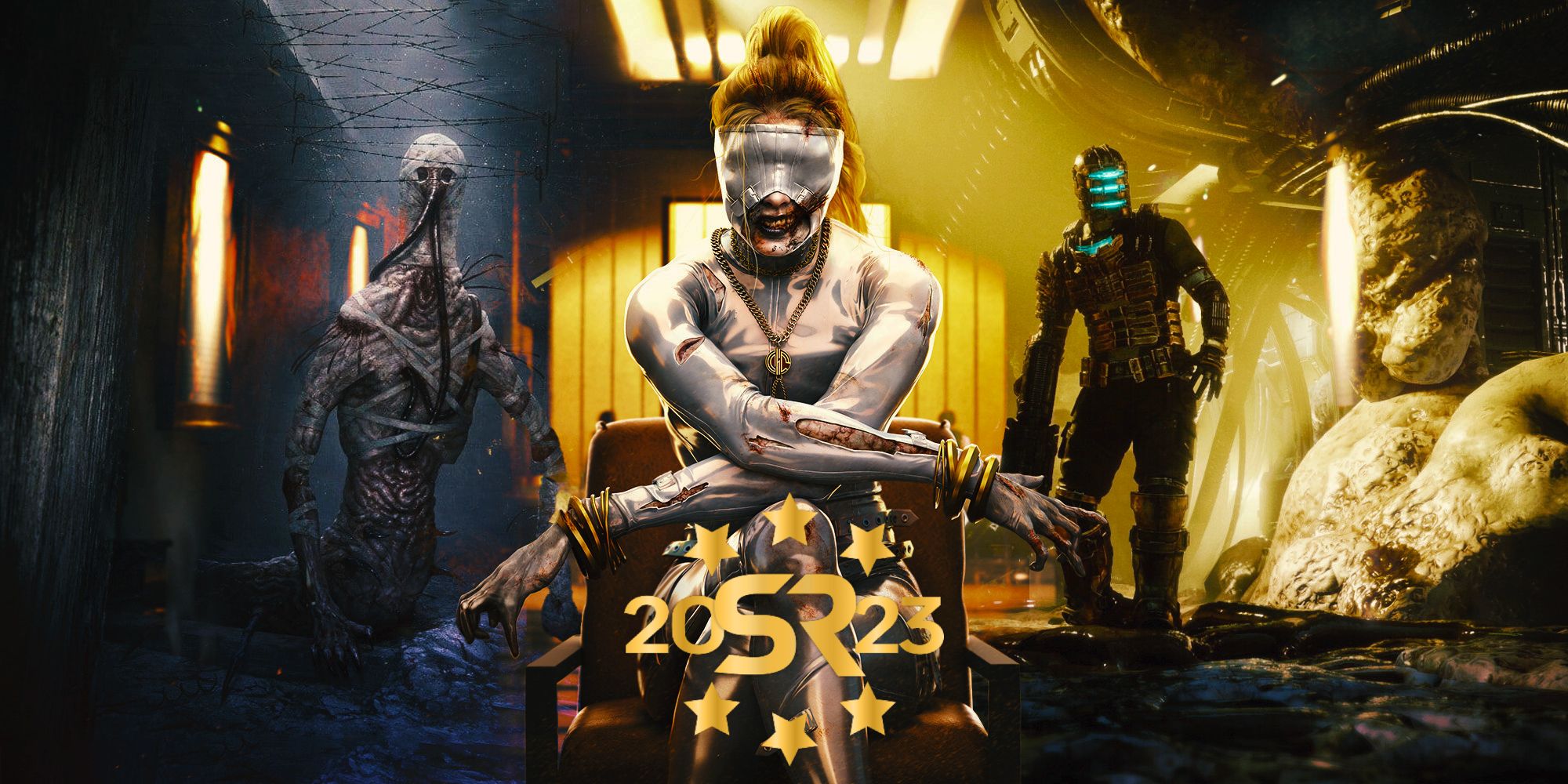 Characters from Amnesia: The Bunker, Dead Island 2, and the Dead Space Remake in a collage of the best horror games of 2023.