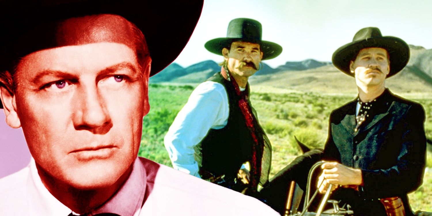 Collage of Joel McCrea as Wyatt Earp in Wichita, and Kurt Russell as Wyatt Earp and Val Kilmer as Doc Holliday in Tombstone