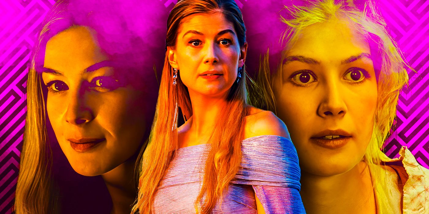 Collage of Rosamund Pike from Gone Girl, Wheel of Time and Pride & Prejudice