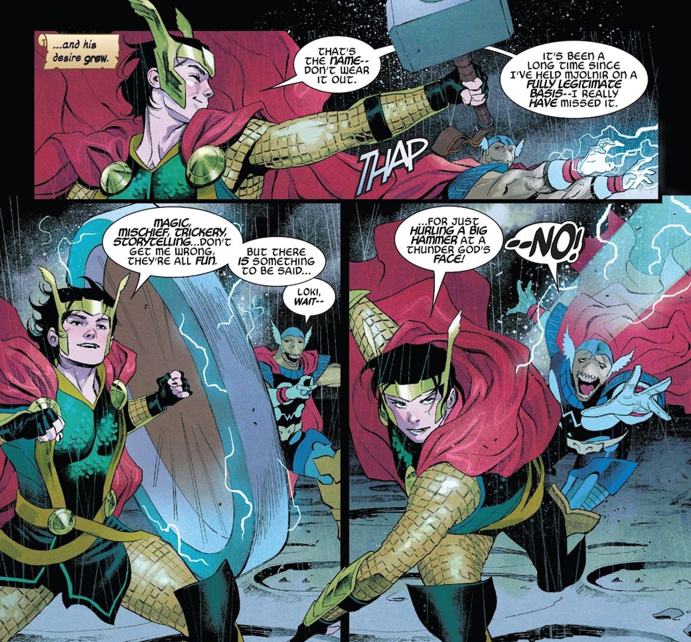 Beta Ray Bill tries to stop Loki from throwing Thor's Mjolnir at Toranos