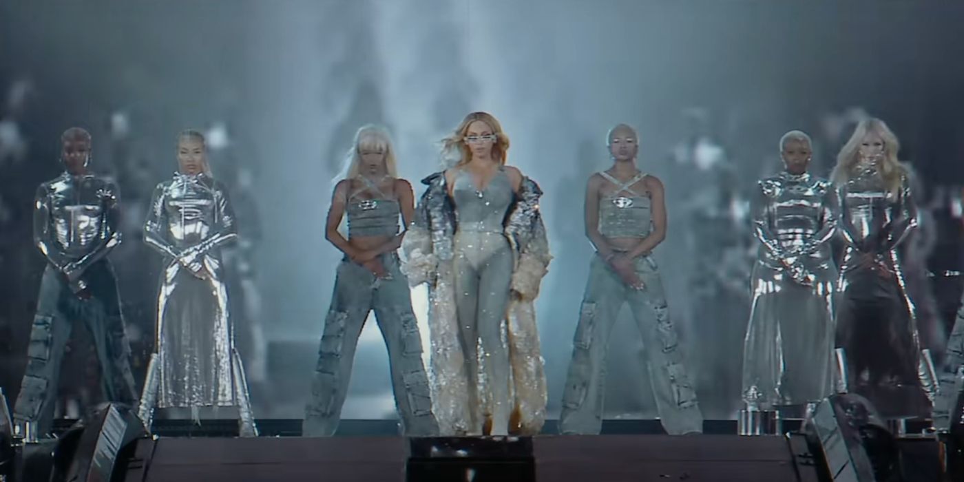 Beyonce performing in silver on her Renaissance Tour