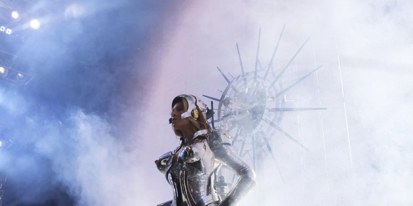 Beyonce in silver outfit performing during her Renaissance Tour