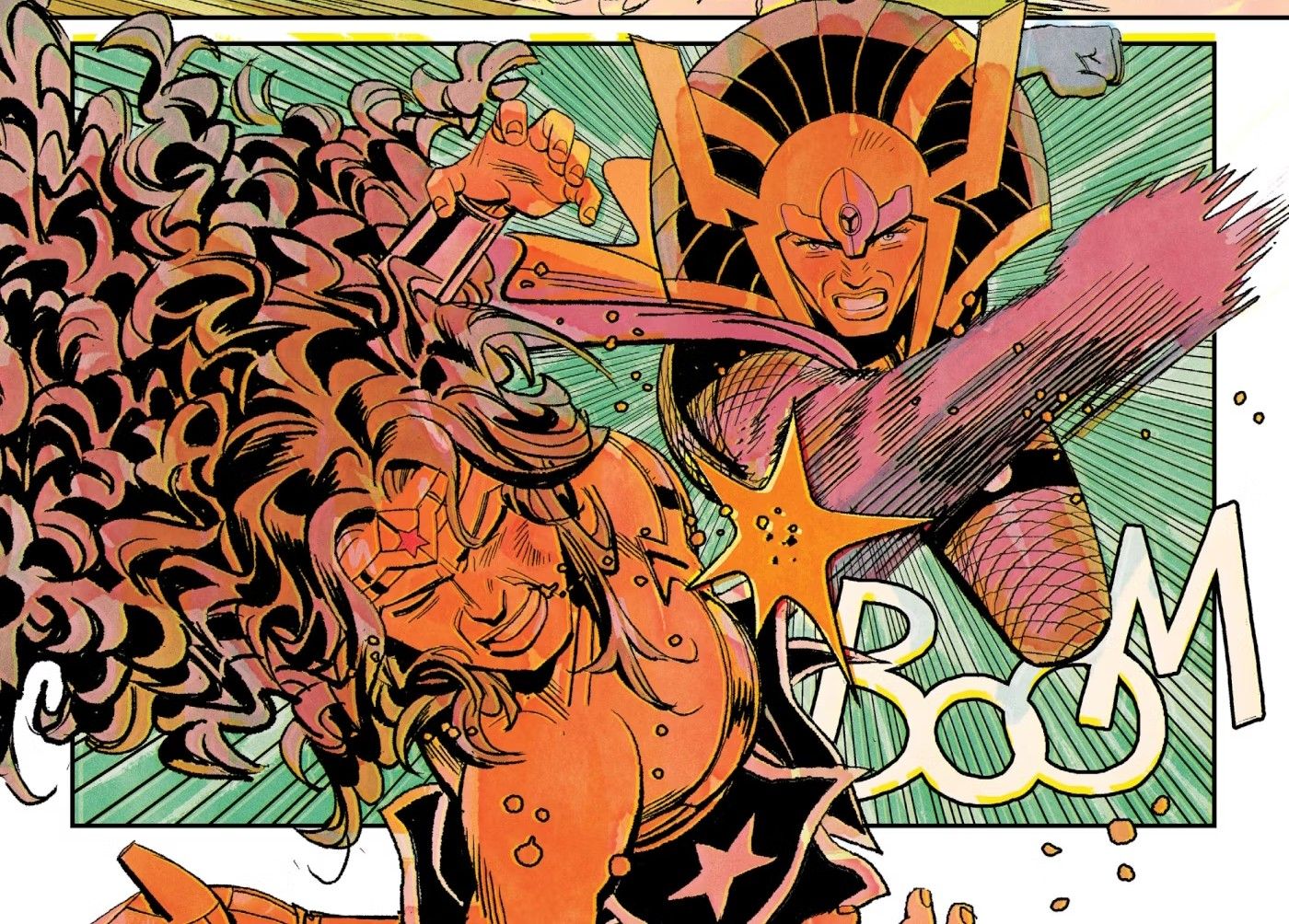Comic book panel: A woman in a large helmet (Big Barda) punches Wonder Woman.