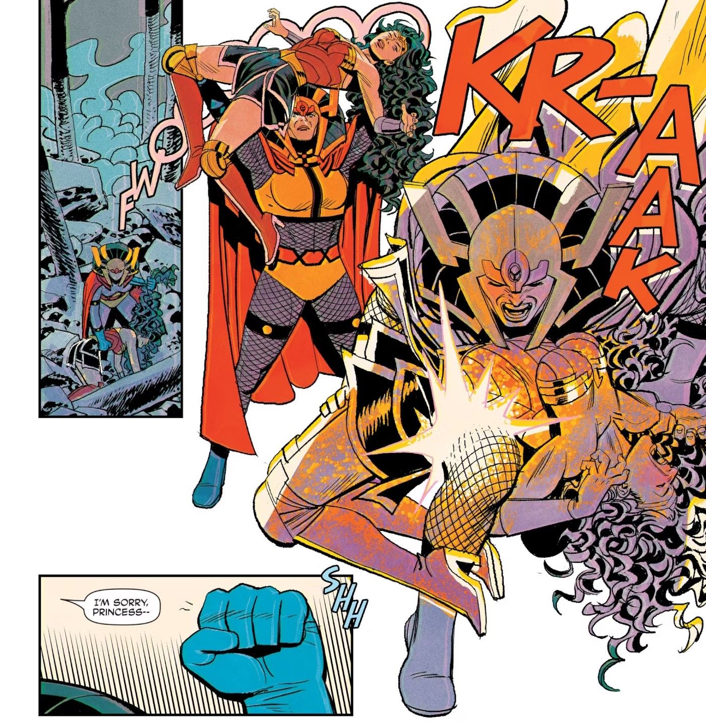 Comic book panels: costumed superheroes fight. Big Barda attempts to break Wonder Woman&rsquo;s back over her knee.