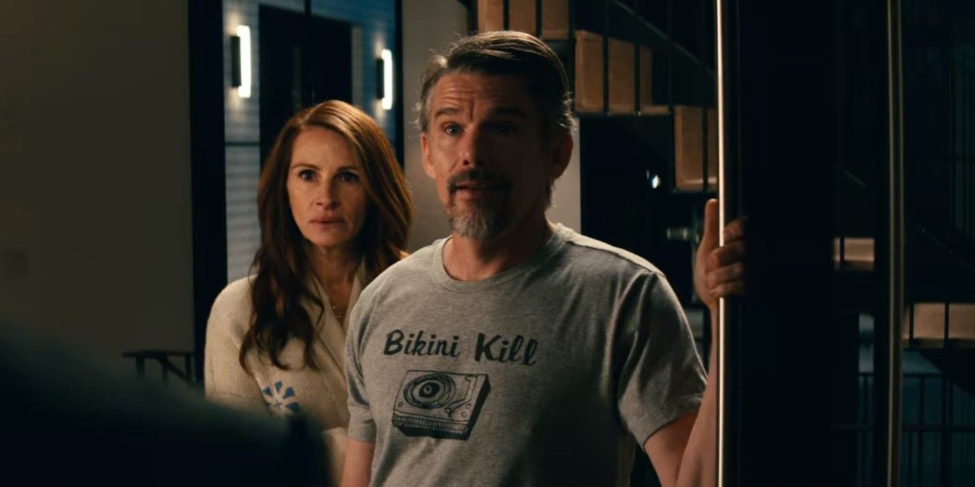 Ethan Hawke as Clay Sandford wearing a Bikini Kill t-shirt and Julia Roberts as Amanda Sandford in Netflix's Leave the World Behind