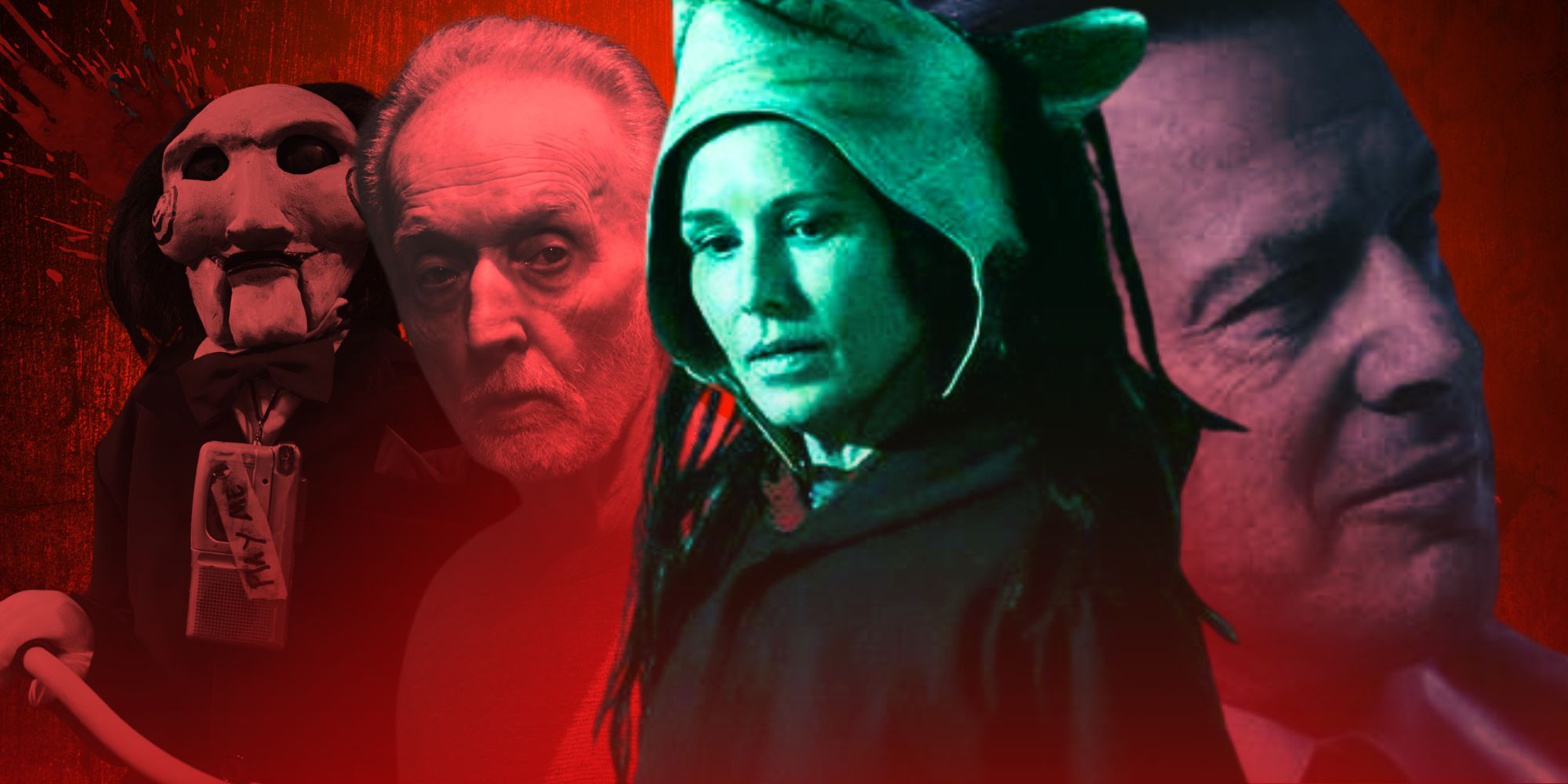 Billy next to Tobin Bell as John Kramer next to Shawnee Smith as Amanda with a mask on her head and with Costas Mandylor as Mark Hoffman in Saw