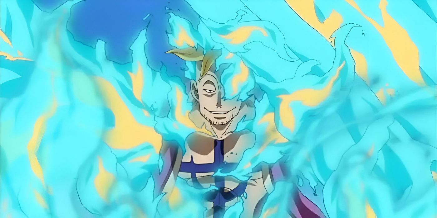 A man’s smirking face is seen between blue and yellow flames.