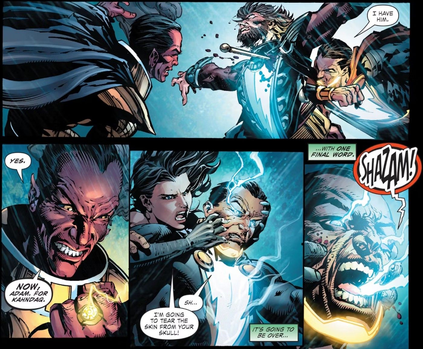 Comic book panels: costumed super villains fighting midair.