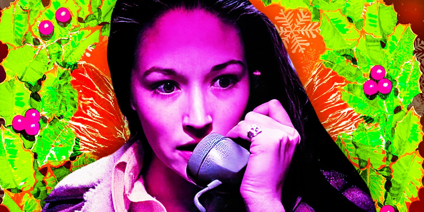 Composite image of Olivia Hussey as Jess on the phone in Black Christmas surrounded by holly 