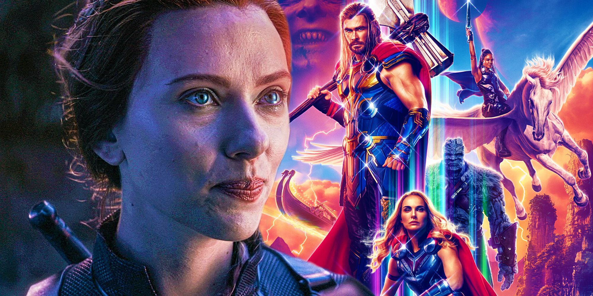 Black Widow crying just before her death in Avengers: Endgame next to the poster for Thor: Love and Thunder