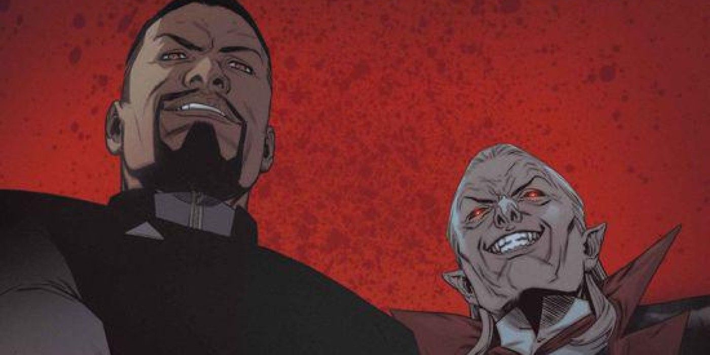 Blade (esquerda) e Drácula (direita) sorrindo na Marvel Comics