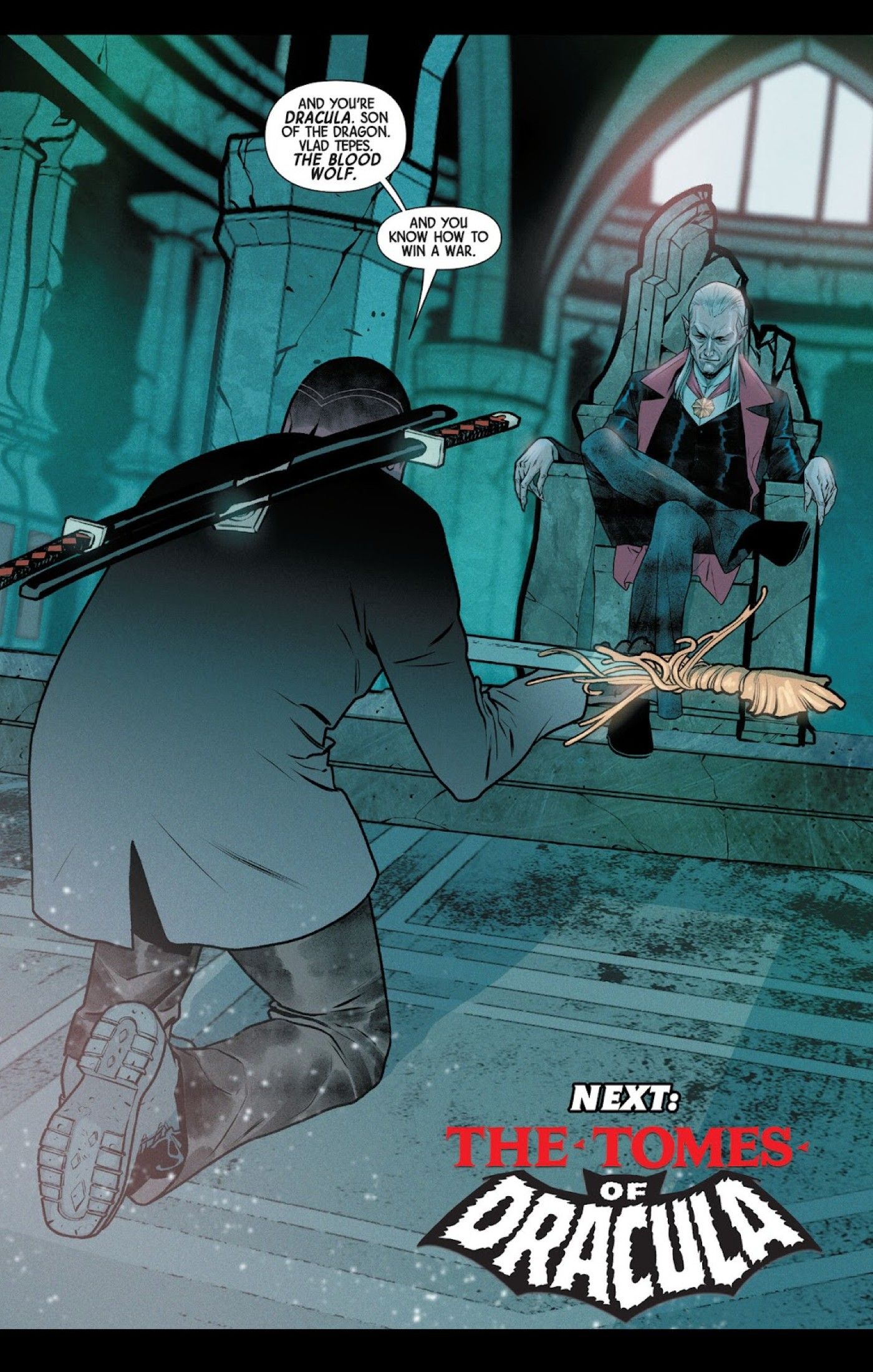 Blade #5, Blade bows before Dracula, offering him Lucifer&rsquo;s sword in exchange for help fighting the Adana