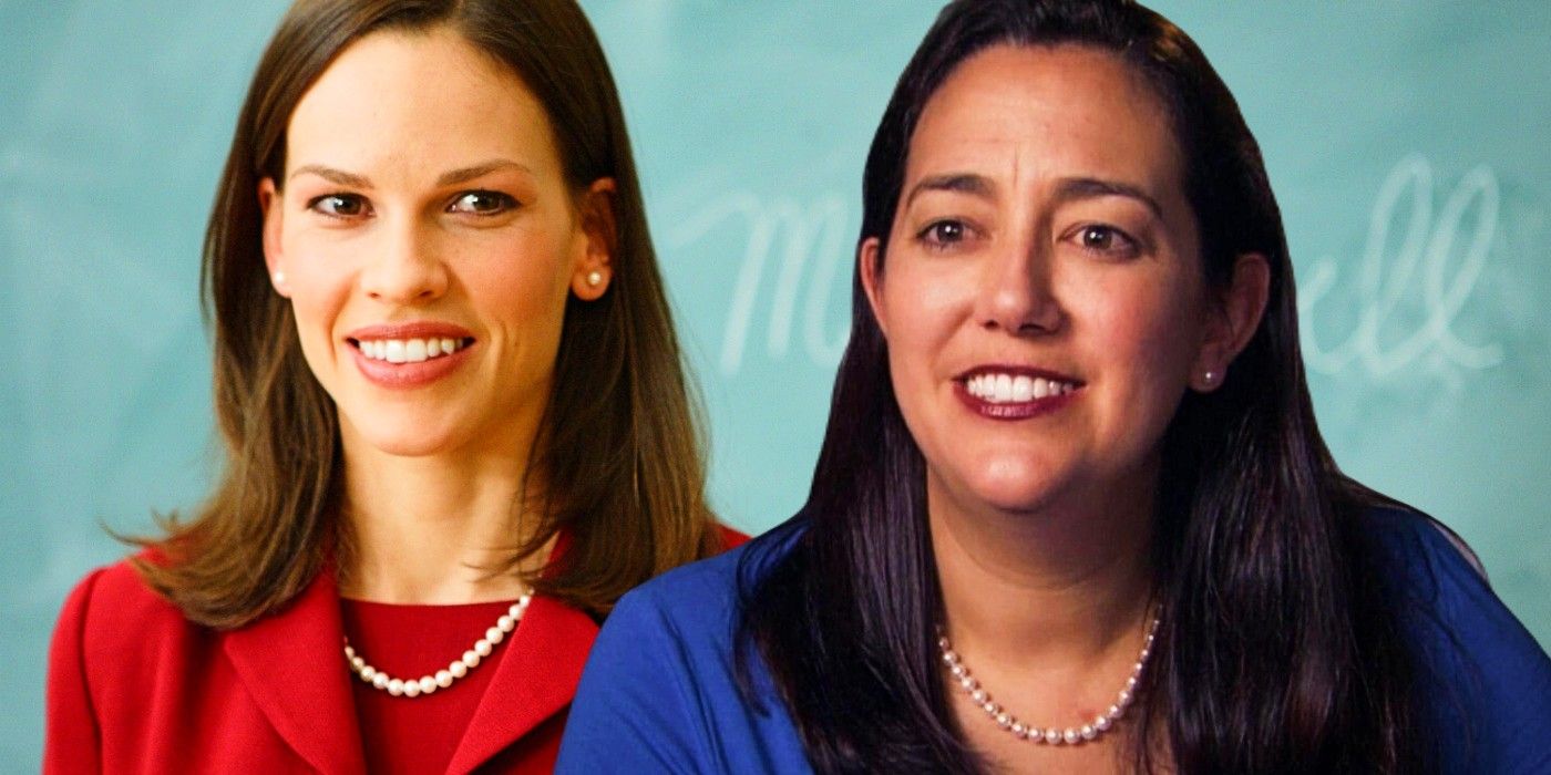 Blended image of Erin Gruwell and Hilary Swank in Freedom Writers