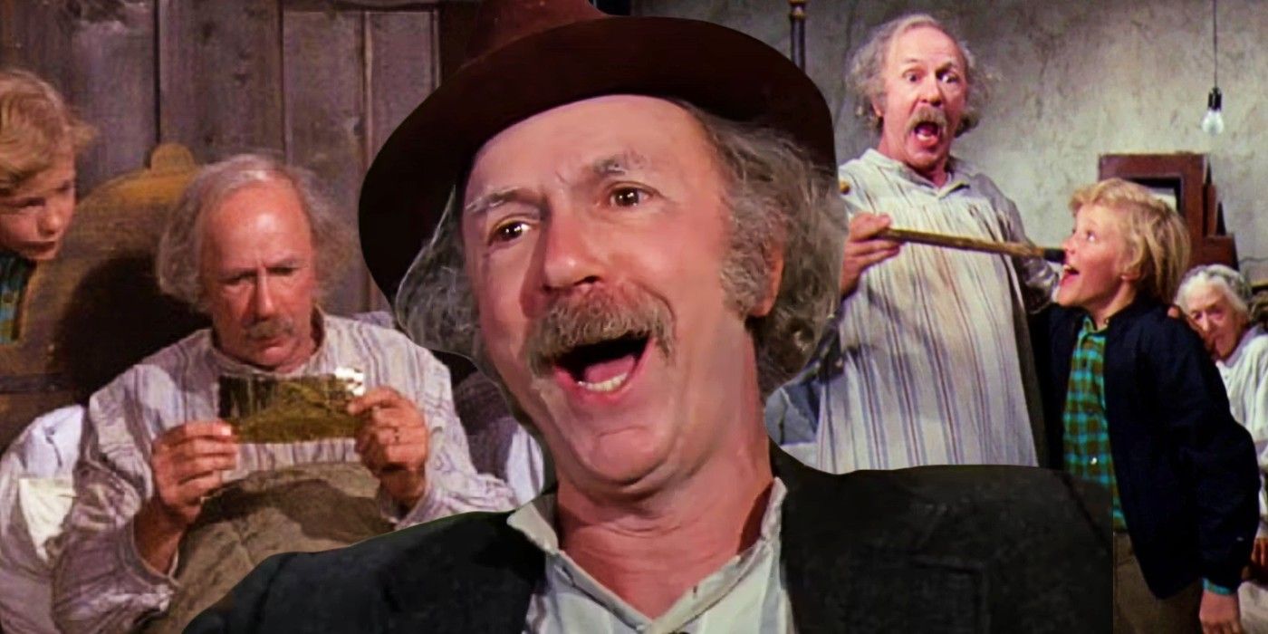 Blended image of Grandpa Joe in bed and dancing in Willy Wonka and the Chocolate Factory