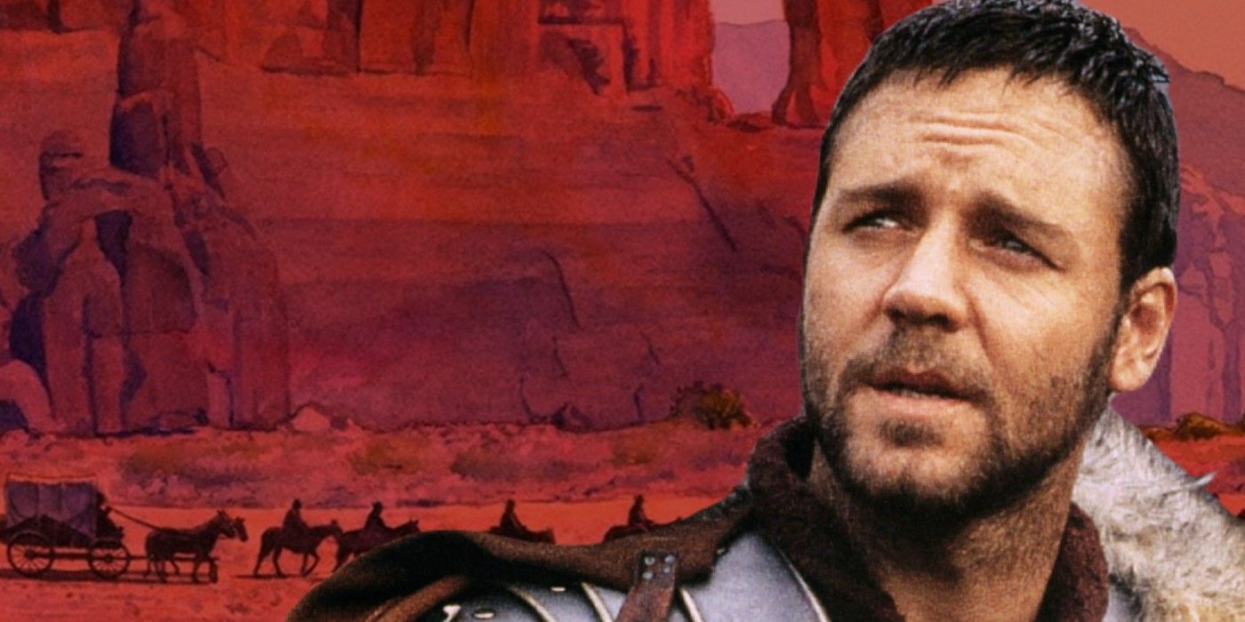 Blended image of Russell Crowe in Gladiator and the Blood Meridian book cover
