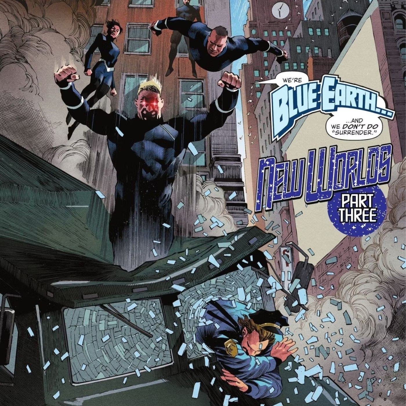 Comic book panel: Superpowered humans in blue suits attack an armored car.