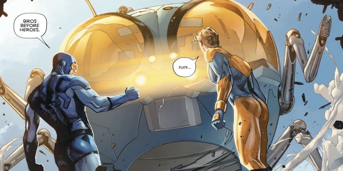 Blue Beetle and Booster Gold standing in front of The Bug