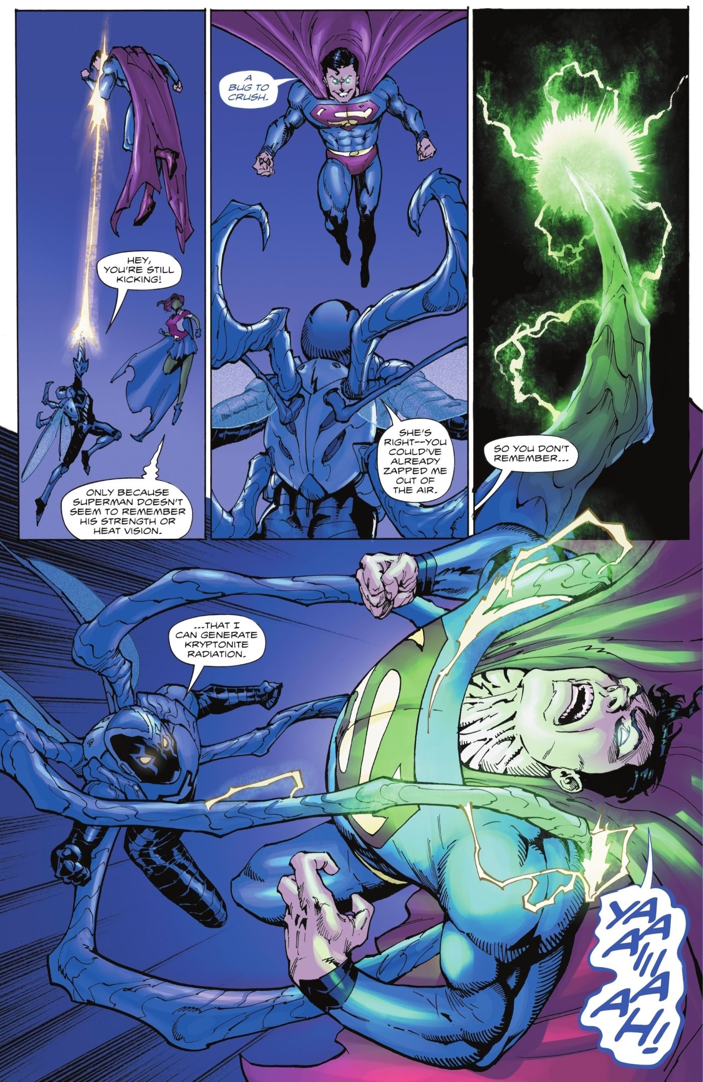 Batman/Santa Claus: Silent Knight, Blue Beetle takes down Superman by generating synthetic Kryptonite from his armor